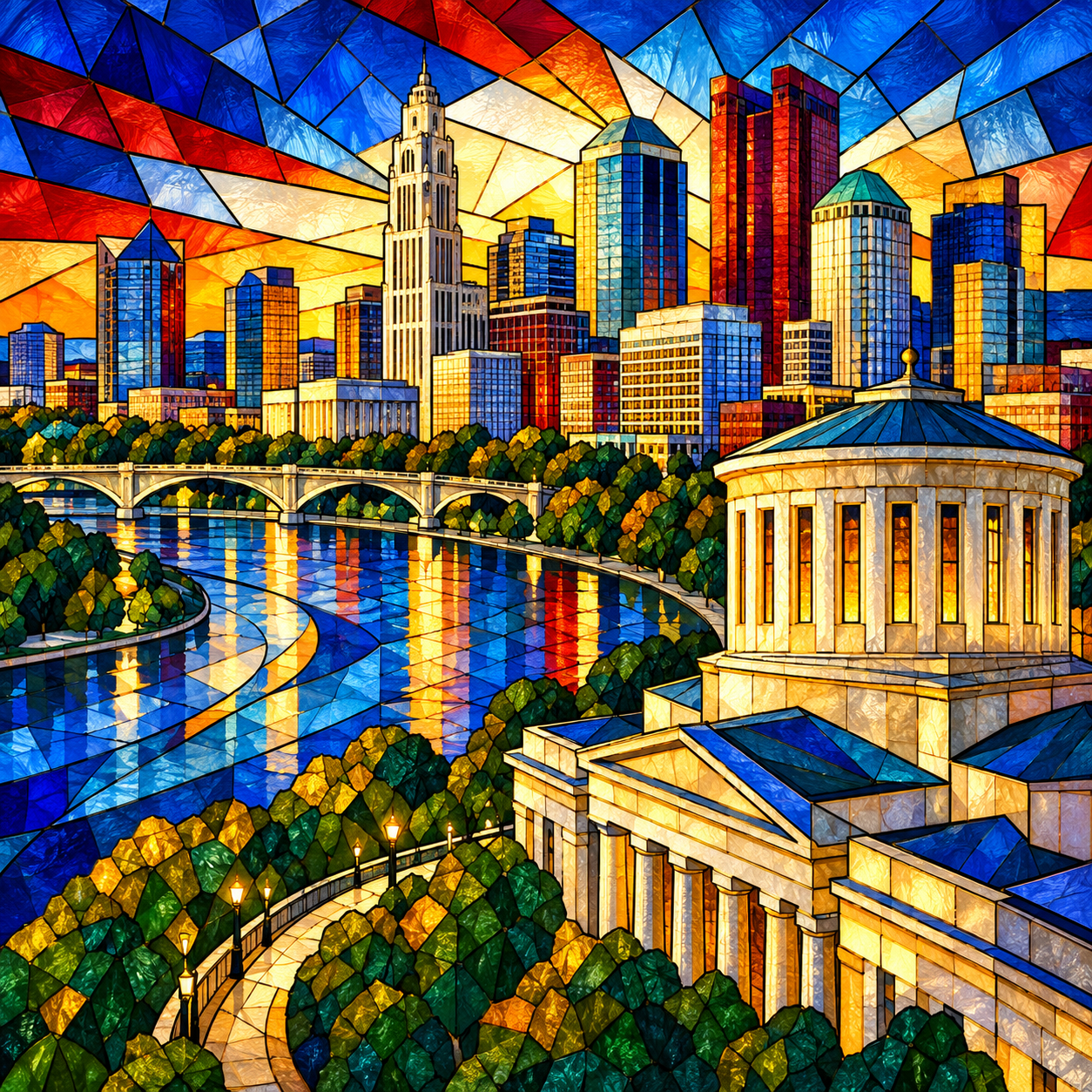 Columbus Local — original stained-glass-style skyline and riverfront illustration.
