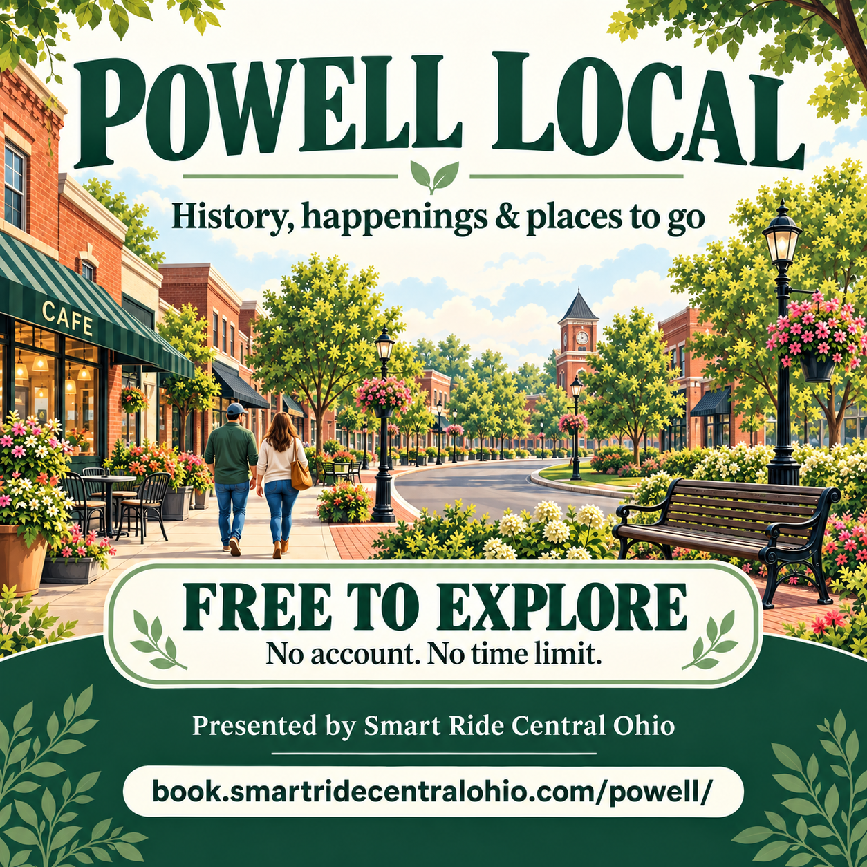 Powell Local illustrated community guide: history, happenings and places to go. Free to explore. Presented by Smart Ride Central Ohio.